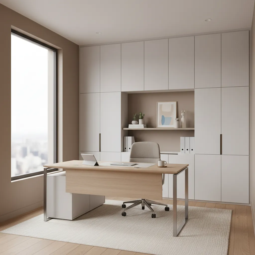 Pequeña oficina ejecutiva bien optimizada con diseño moderno
