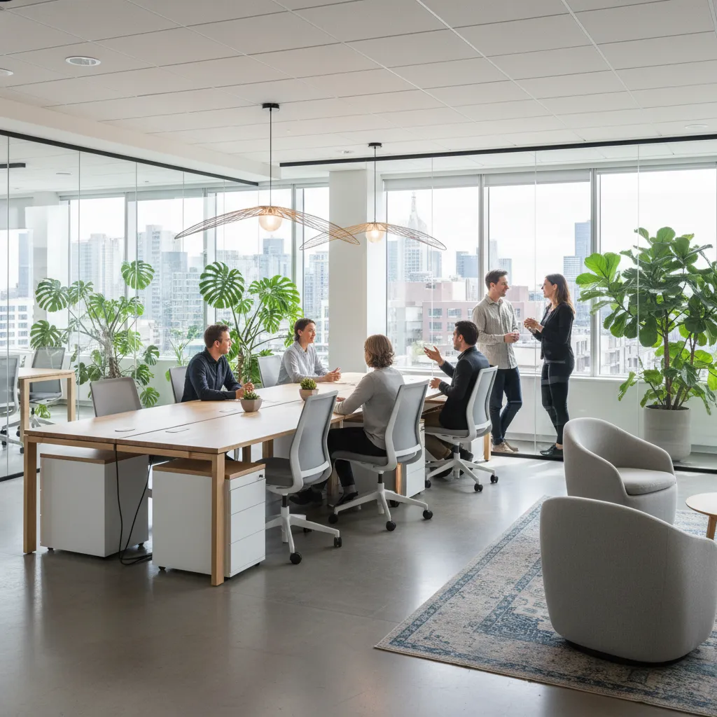 Modern office with people at a wooden table large windows and two hanging ceiling lights