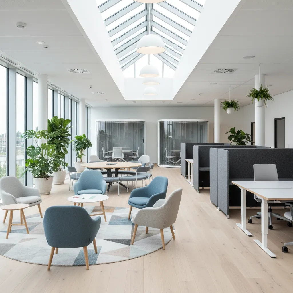 Oficina moderna con diferentes zonas de trabajo colaborativo y concentración