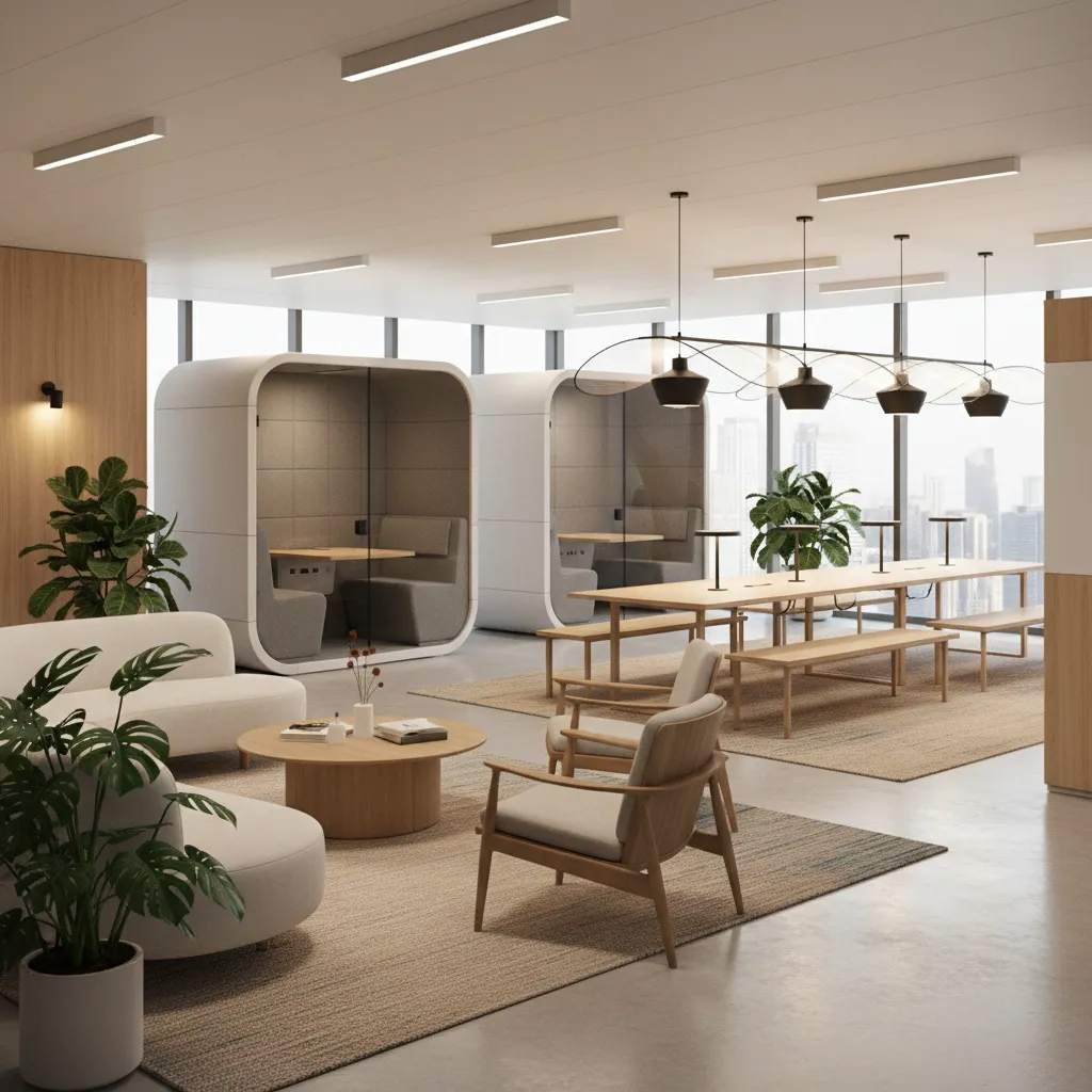 Modern office lounge with sofa chairs coffee table plants private booths and long wooden desk