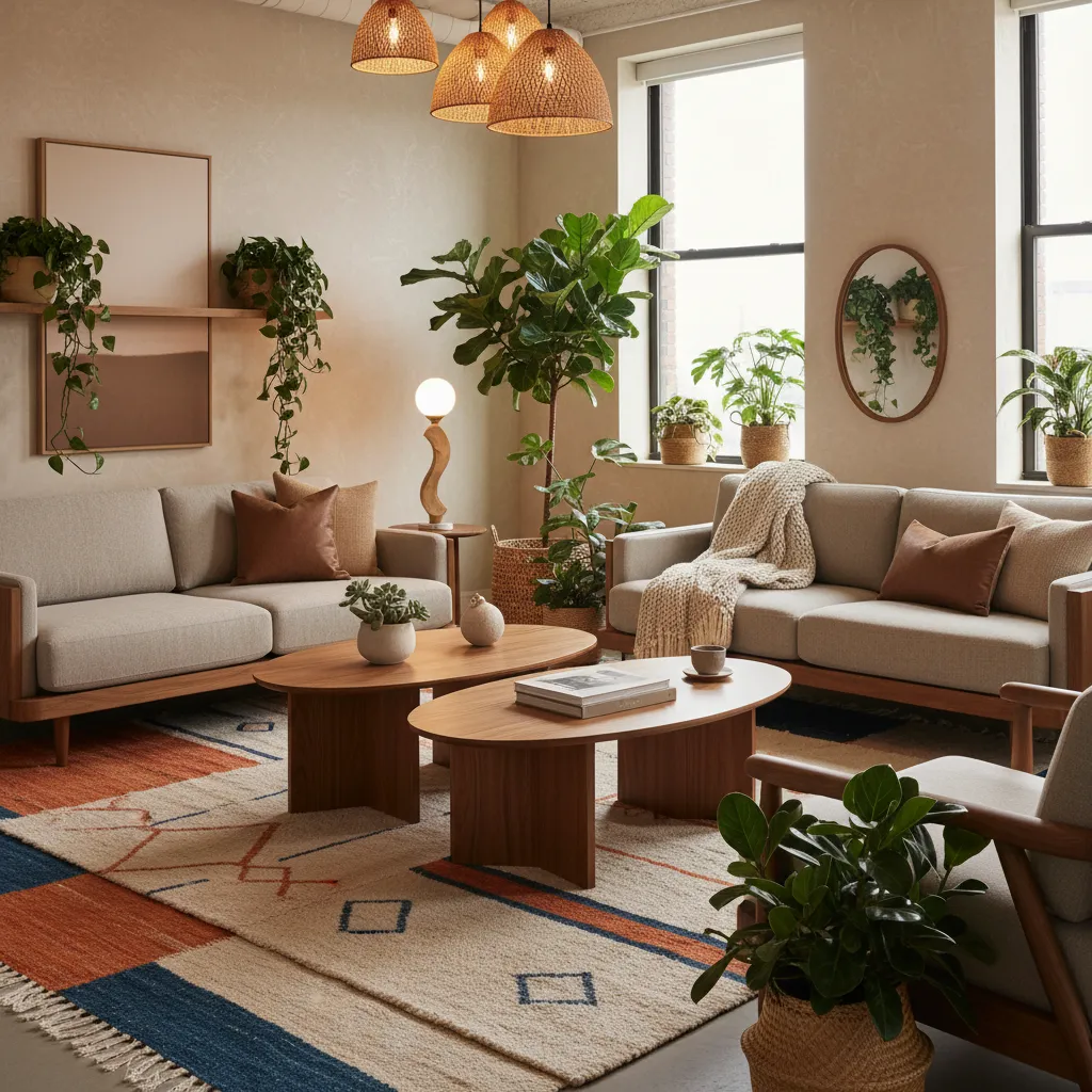 Zona lounge de oficina con sofá, alfombra y plantas