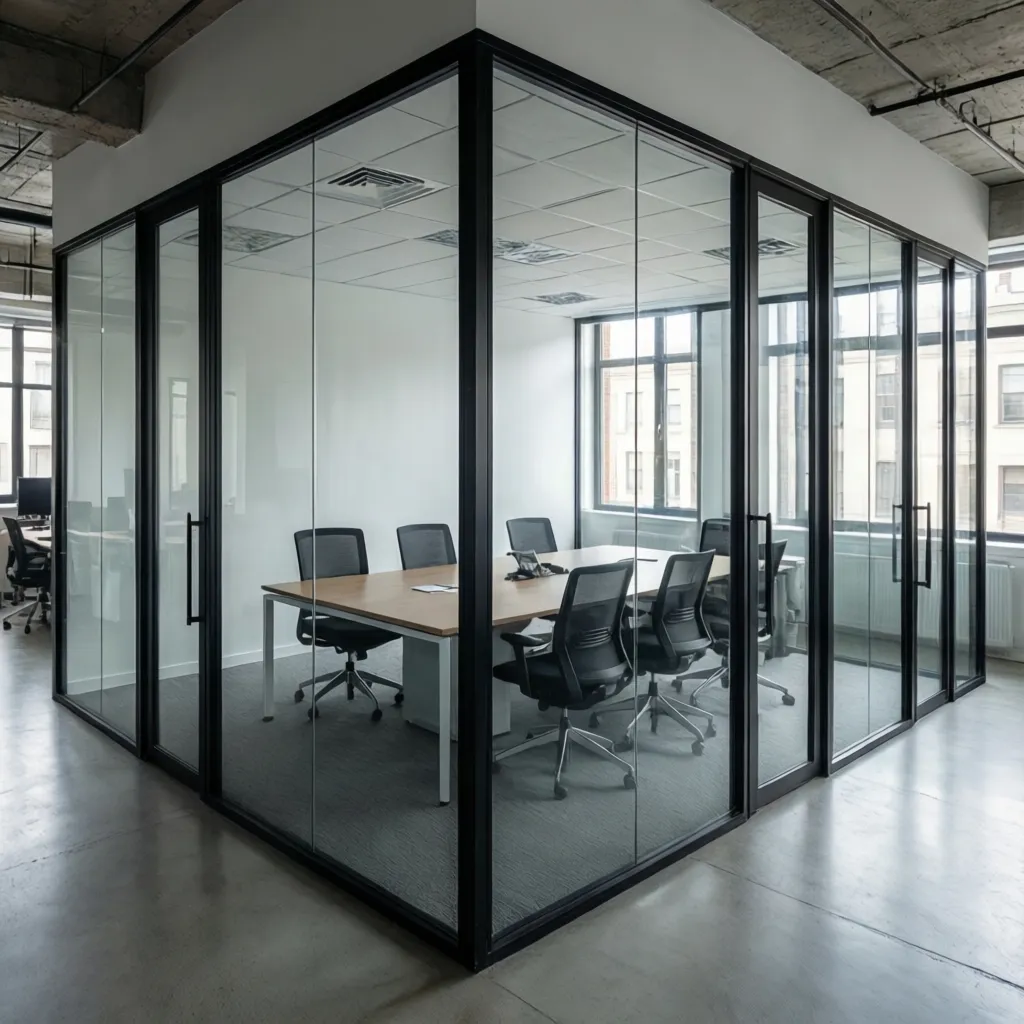 Modern meeting room with glass walls black frames wooden table and black chairs inside office