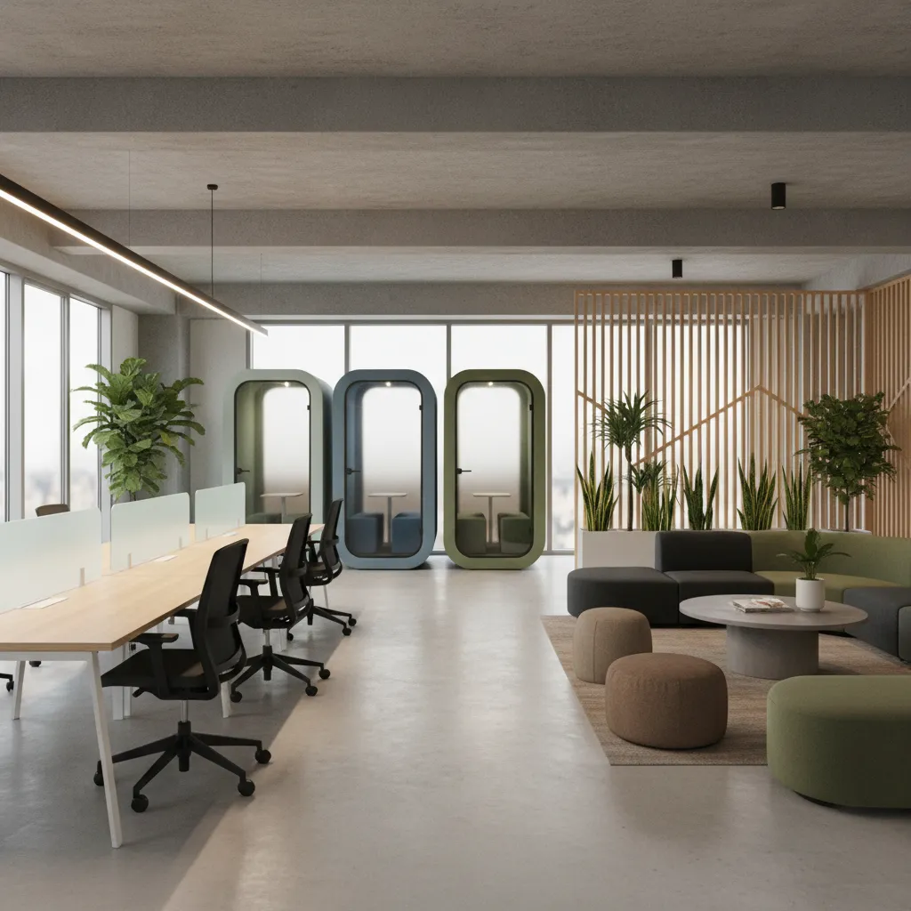 Oficina híbrida con open space, cabinas acústicas y zonas informales
