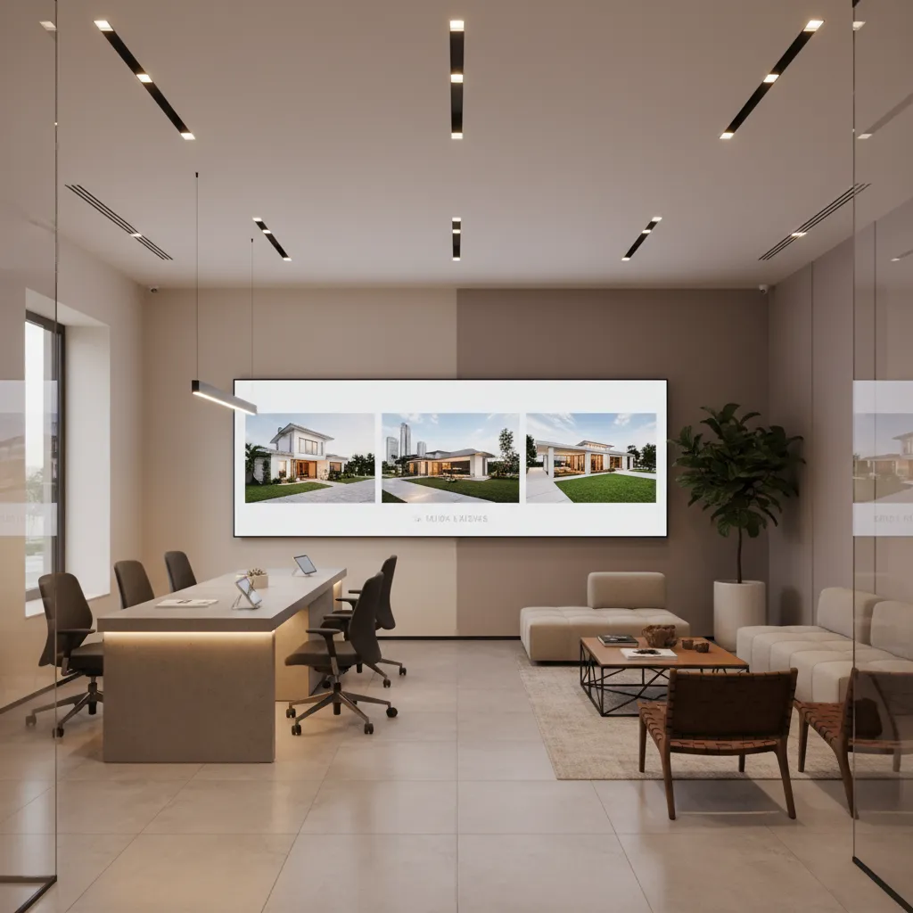 Oficina inmobiliaria mostrando propiedades en una pantalla grande