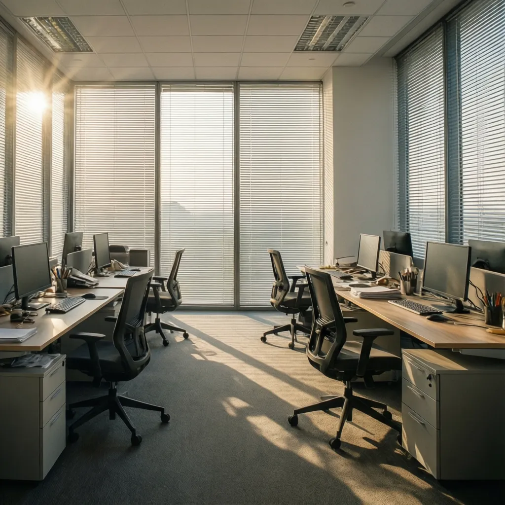 Oficina con grandes ventanales y control de luz natural