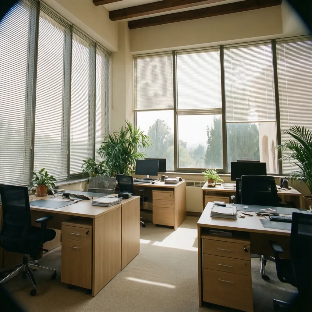 Oficina con grandes ventanas y control de luz natural