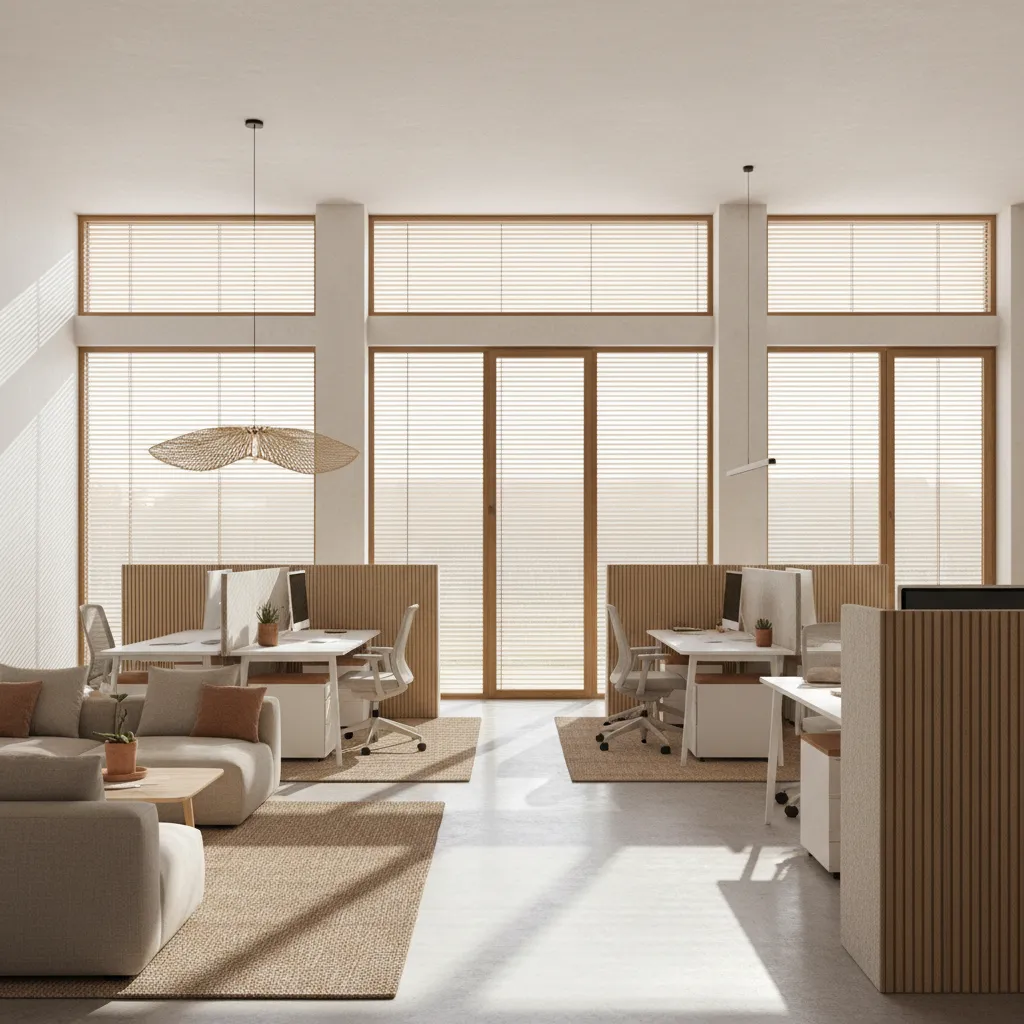 Oficina con grandes ventanas y control de luz natural
