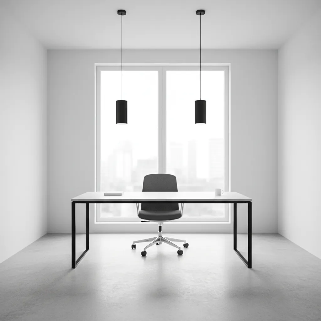 Minimalist home office setup with white desk, black chair, two ceiling lights, and large window