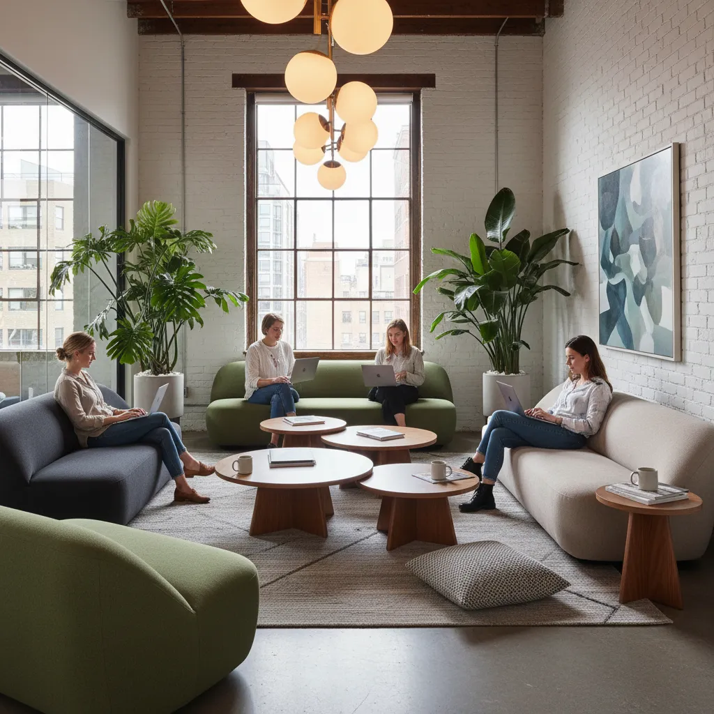 Espacio de trabajo colaborativo moderno con sofás y mesas