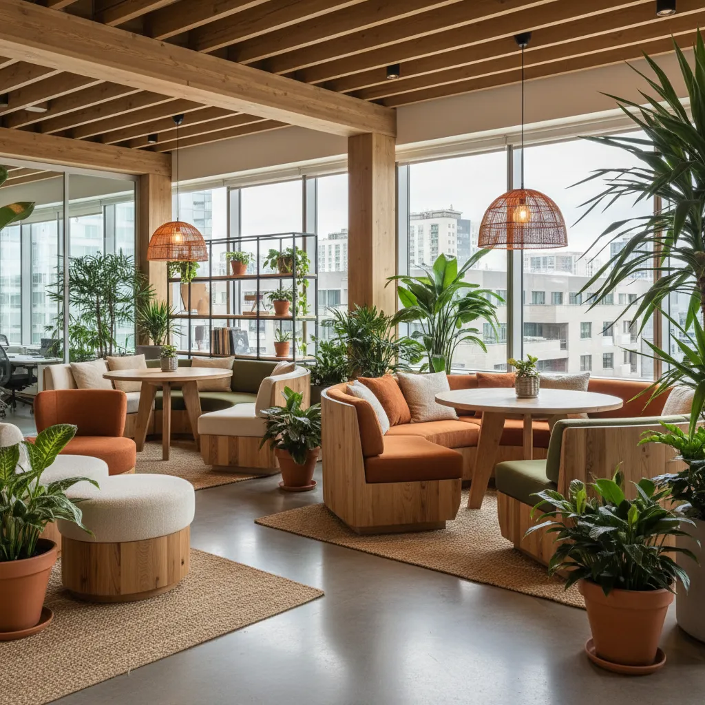 Modern office lounge with wooden ceiling beams orange sofas round tables and many green plants