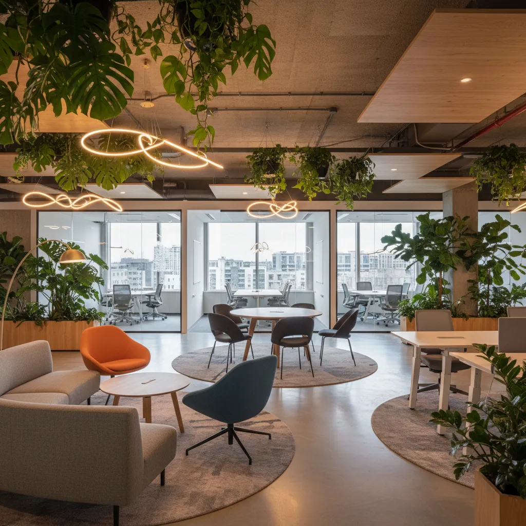 Oficina moderna con diseño abierto y zonas colaborativas