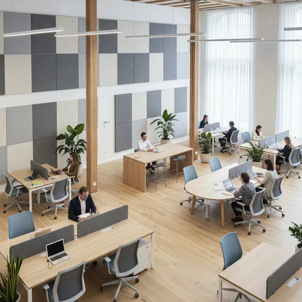 Oficina abierta con paneles acústicos modernos