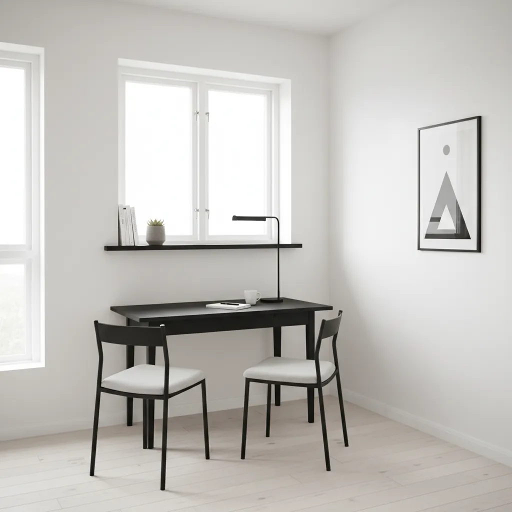 Small white home office with black desk two white chairs window and minimalist wall art