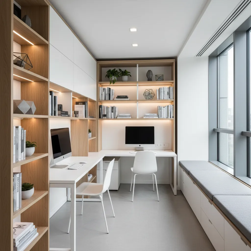 Modern home office featuring white desks, wooden bookshelves, computers, white chairs, and a window seat