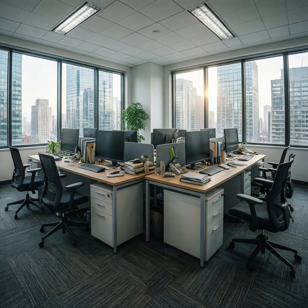Modern office space with desks monitors black chairs and large windows overlooking a city skyline