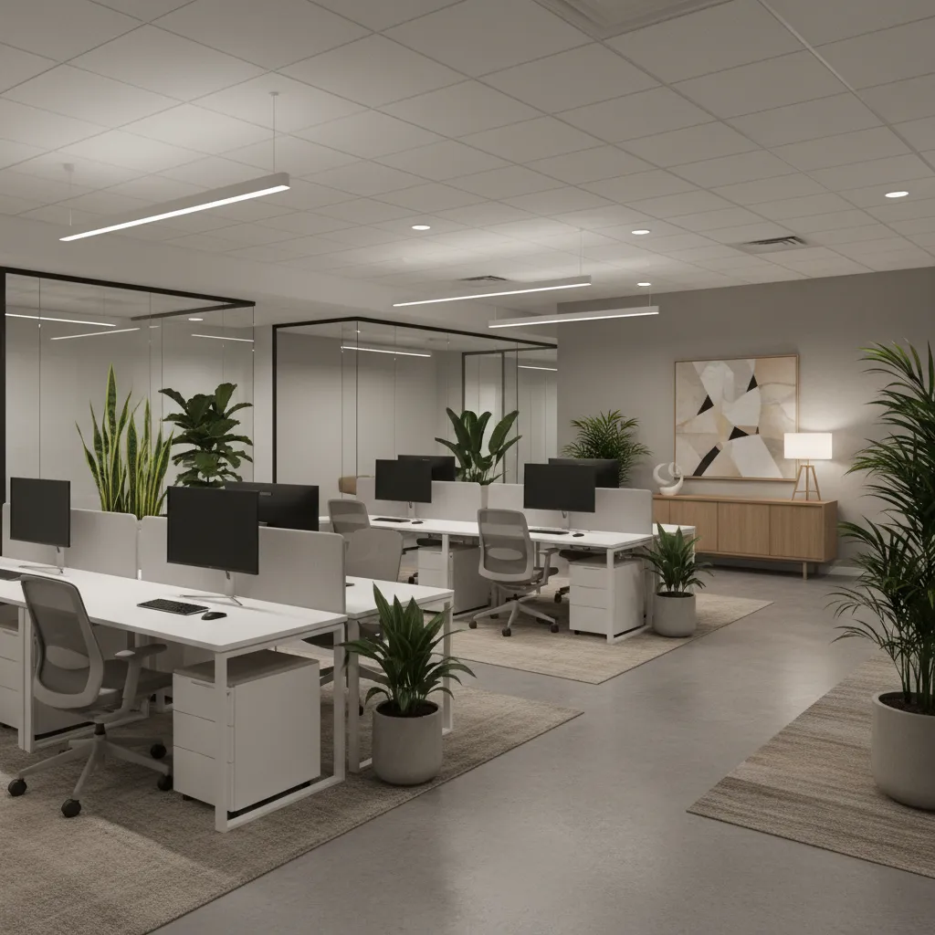 Oficina con iluminación artificial y plantas de interior