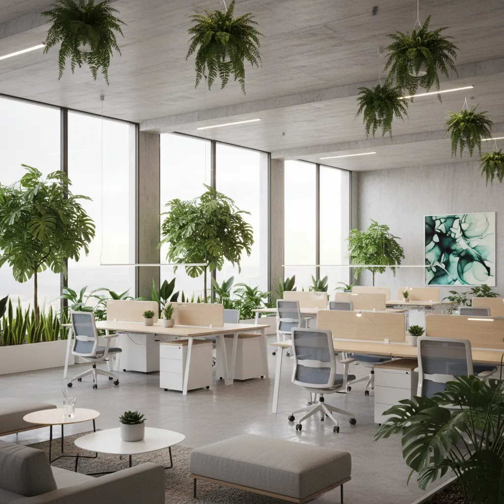 Open office layout featuring wooden desks, blue chairs, hanging plants, large windows, and grey footrest