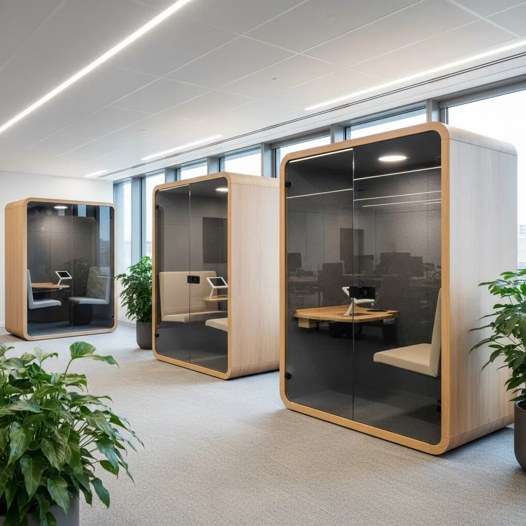 Oficina con cabinas acústicas y zonas tranquilas para concentración