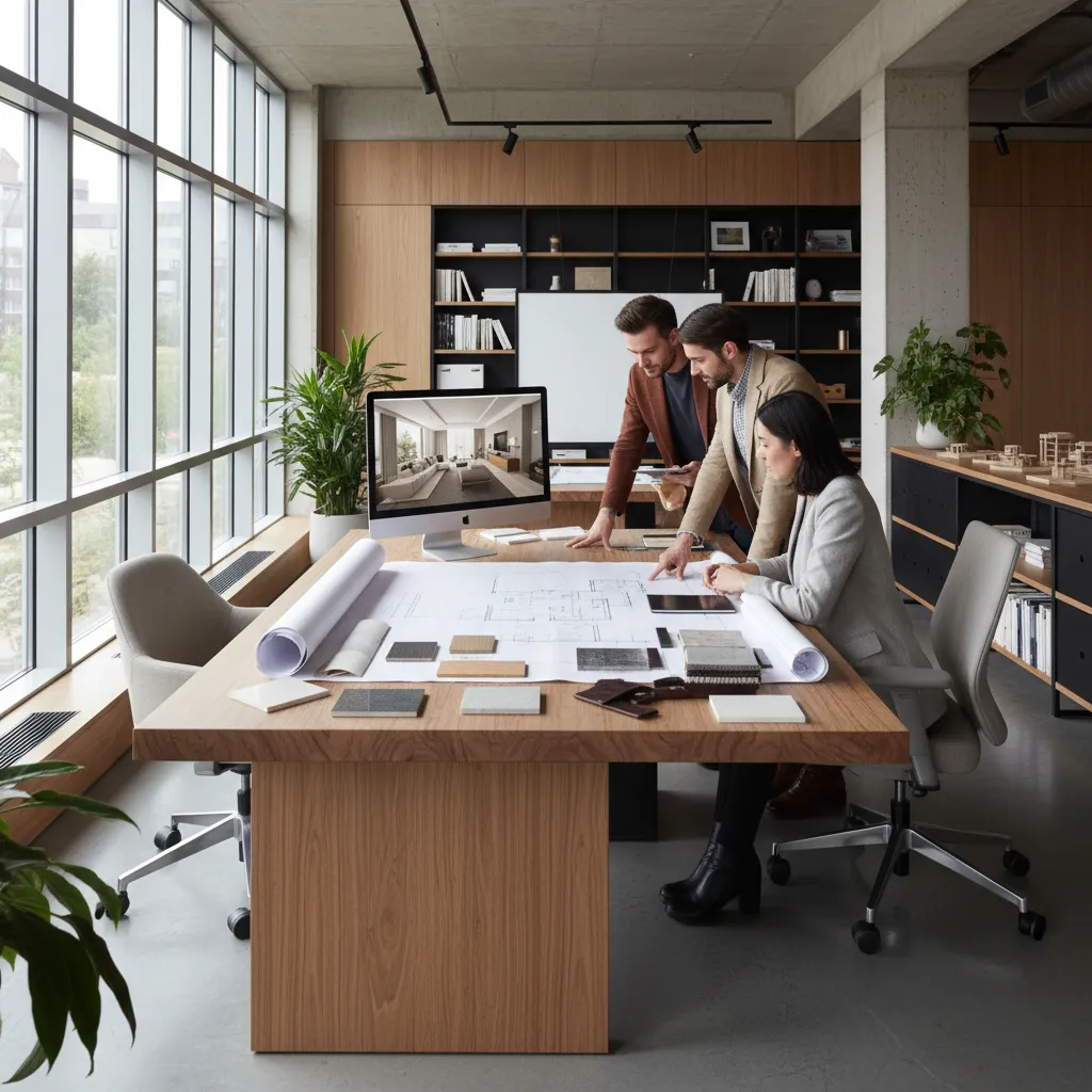Designers discussing house floor plans and material samples on a large wooden table in office