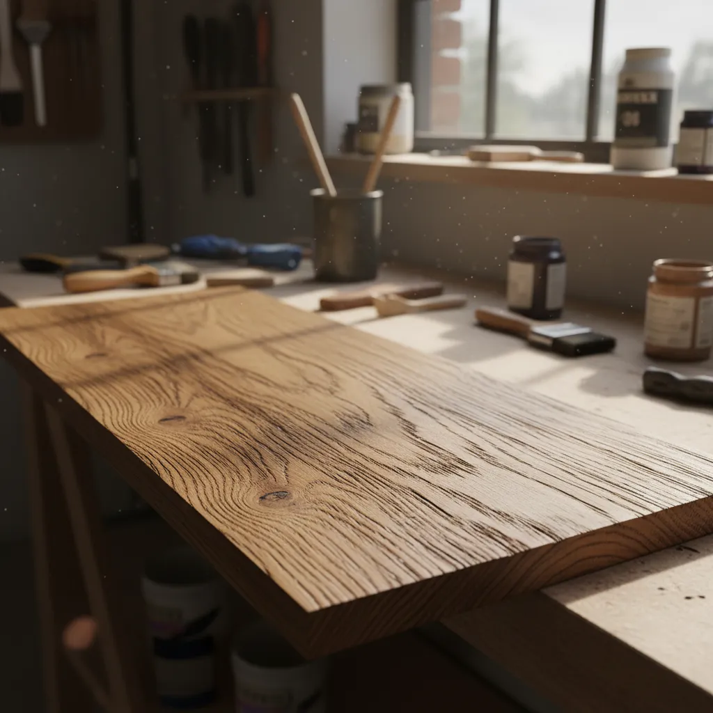 Close up oak wood panel with oil based stain highlighting deep grain contrast