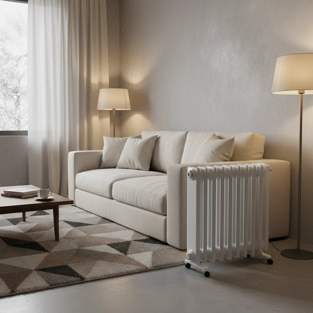 Oil filled radiator heater warming a small apartment living room