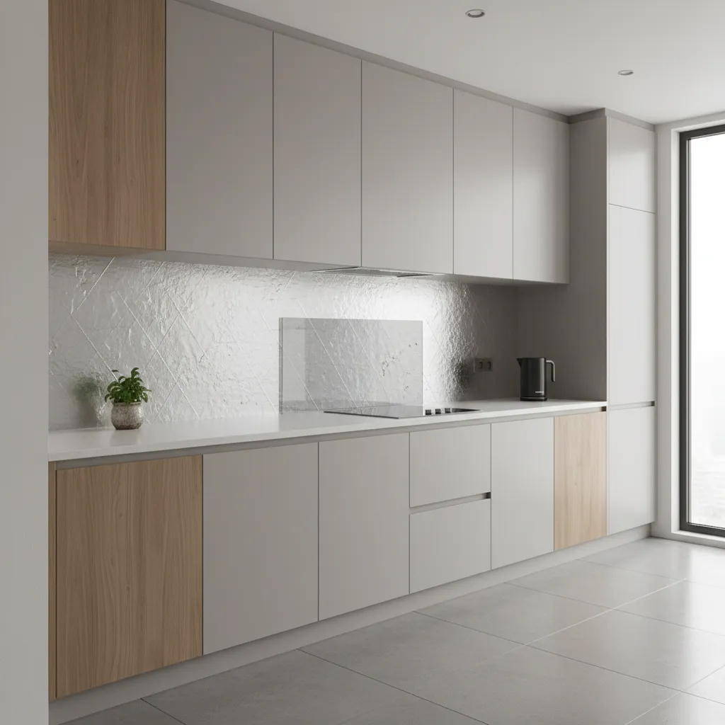 Minimalist kitchen design with light grey cabinets wooden panels silver textured backsplash and white countertop