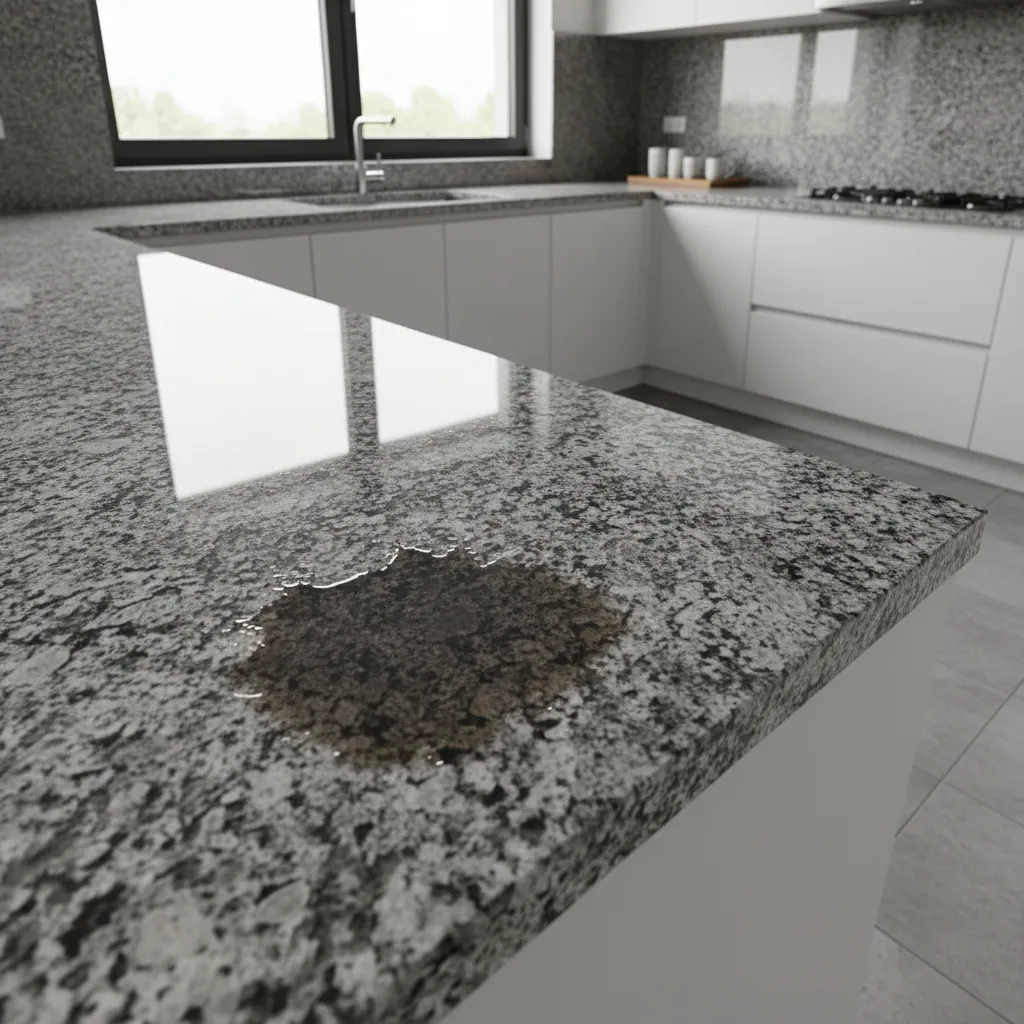 dark oil stain visible on granite kitchen platform countertop
