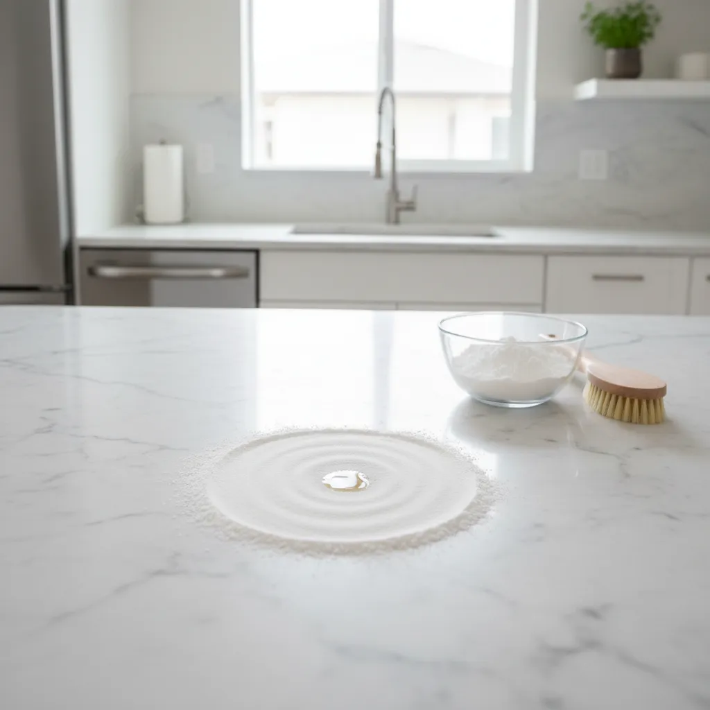 Removing oil stain from white marble countertop using powder