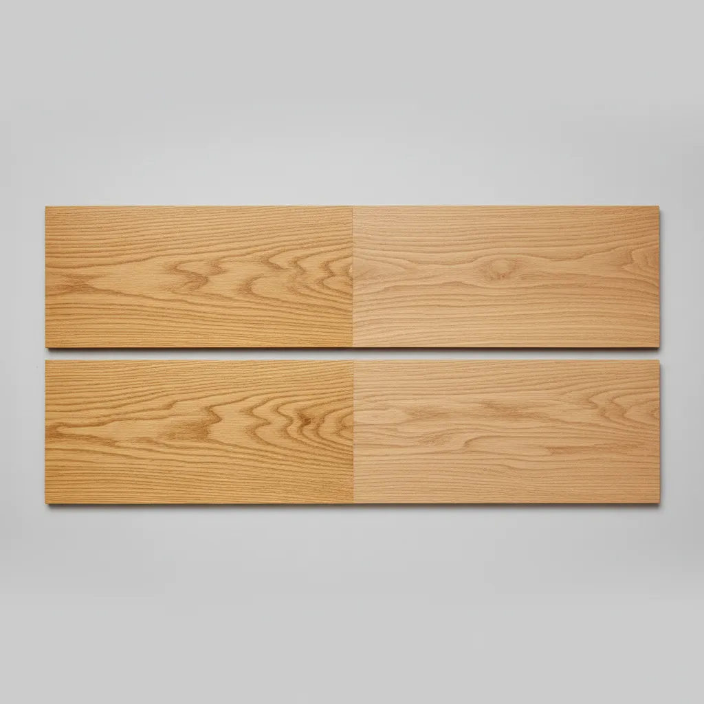 Side by side hardwood boards showing amber oil based finish versus clear water based finish