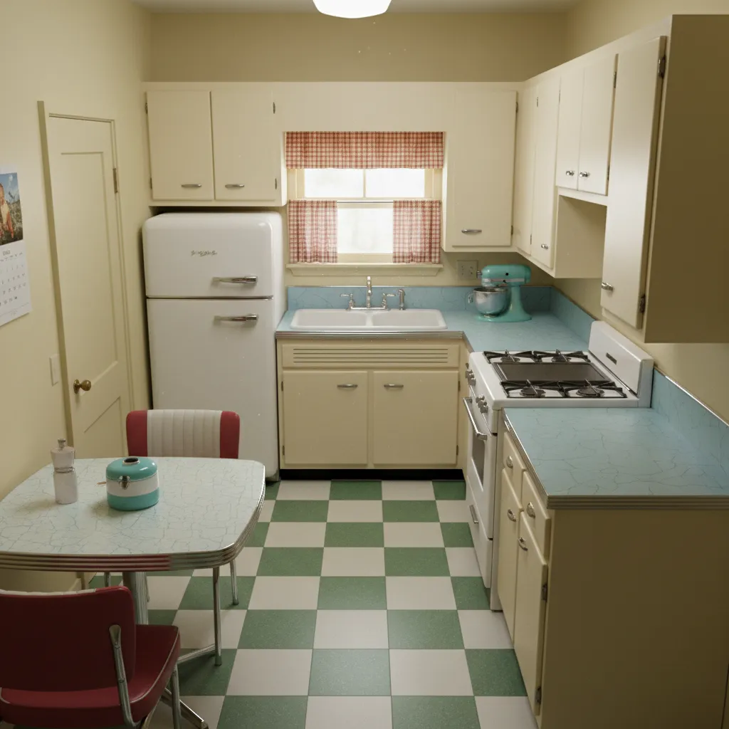 Original 1950s kitchen with outdated cabinets and appliances before renovation