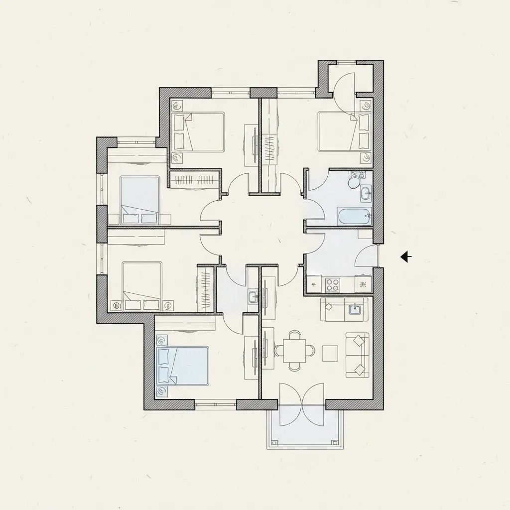 Plano de piso antiguo con pasillos largos y habitaciones pequeñas