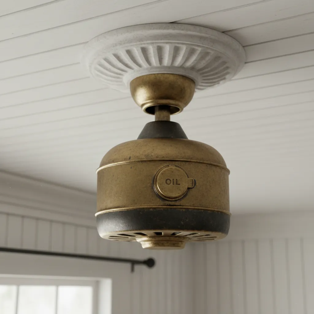 Close up of an old ceiling fan motor housing with visible oil port
