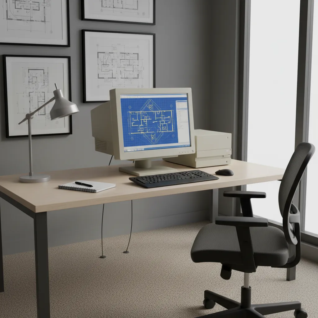 Older desktop PC displaying CAD floor plan model on screen