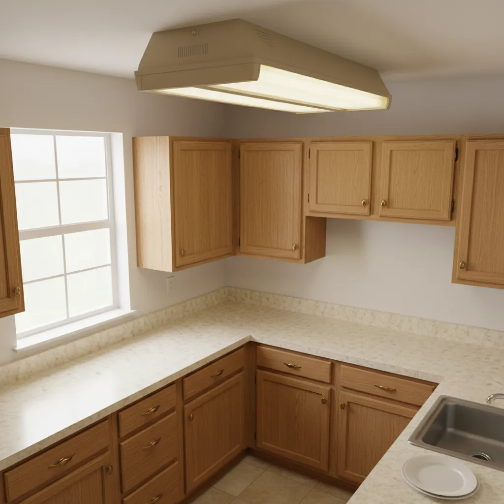 kitchen with traditional fluorescent ceiling fixture before LED upgrade