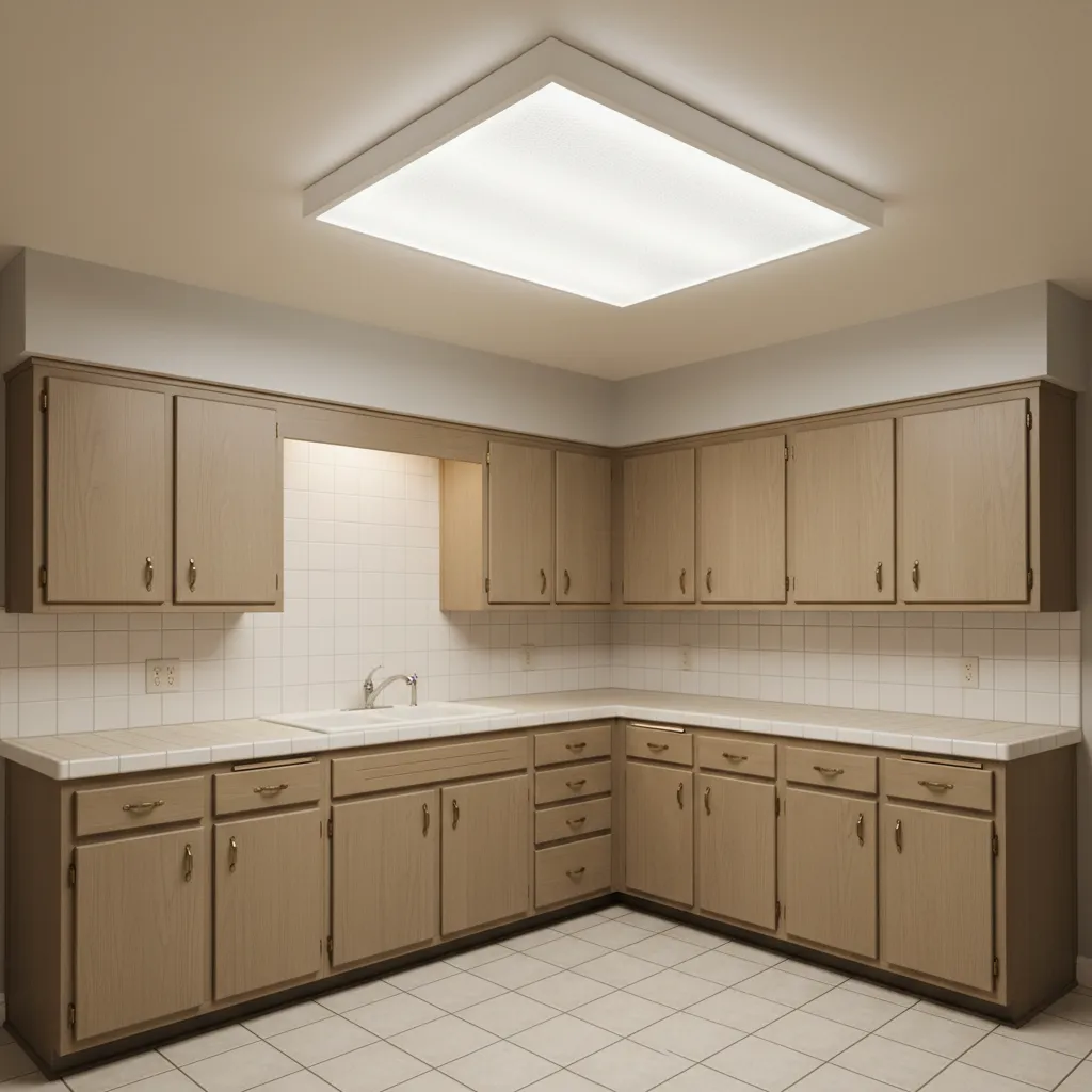 Kitchen ceiling with traditional fluorescent box light fixture