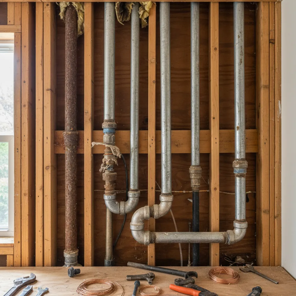 corroded galvanized plumbing pipes exposed during kitchen remodel