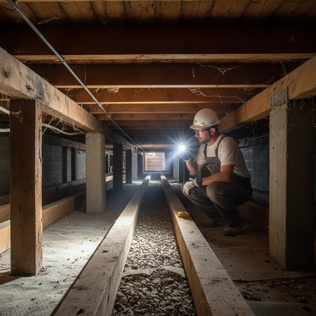 home inspector checking crawl space structure under hardwood floor