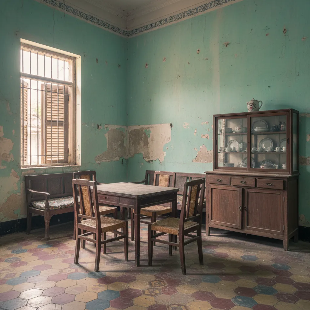 Old Vietnamese house interior before renovation showing worn walls and outdated furniture