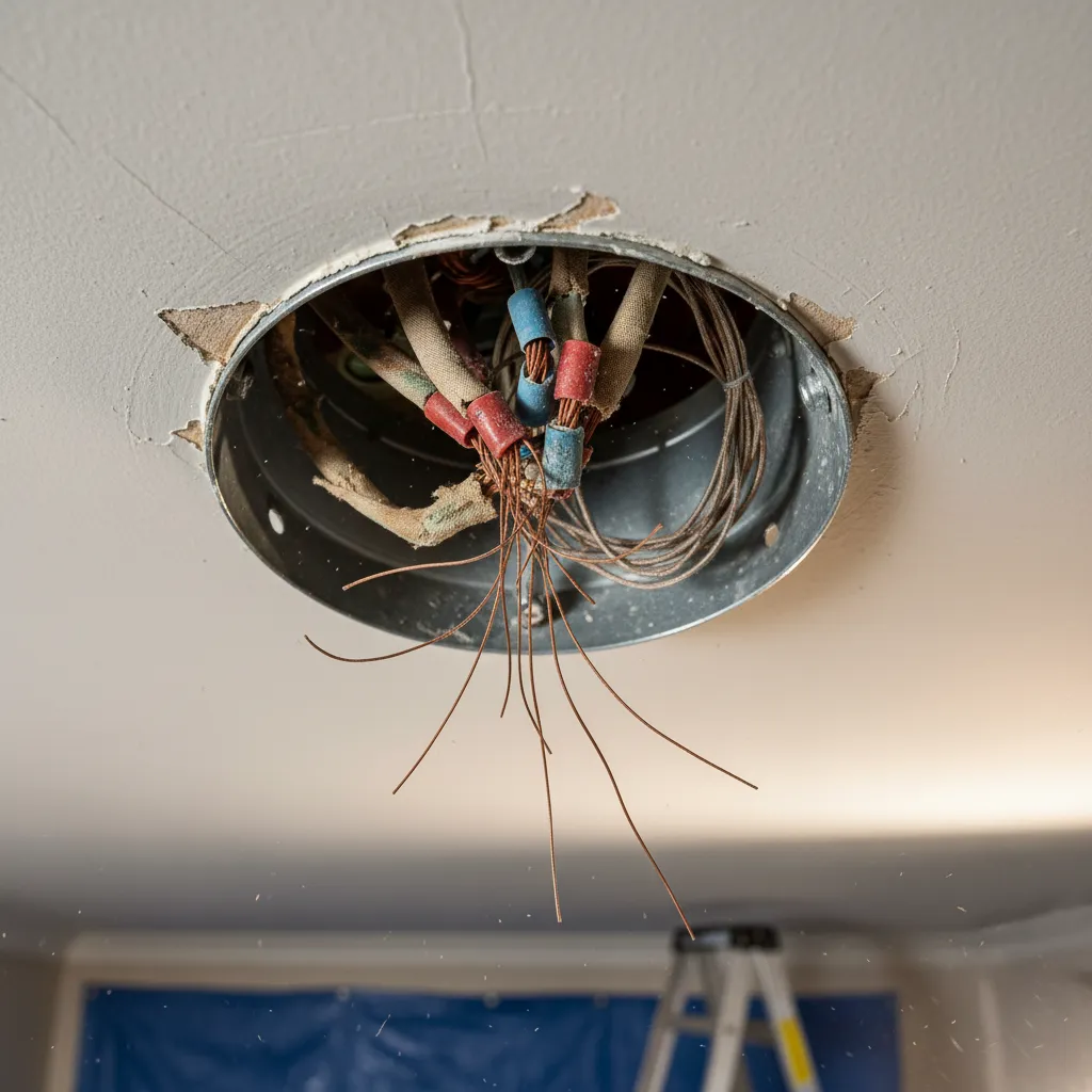 Old ceiling light wiring with brittle insulation and crowded junction box