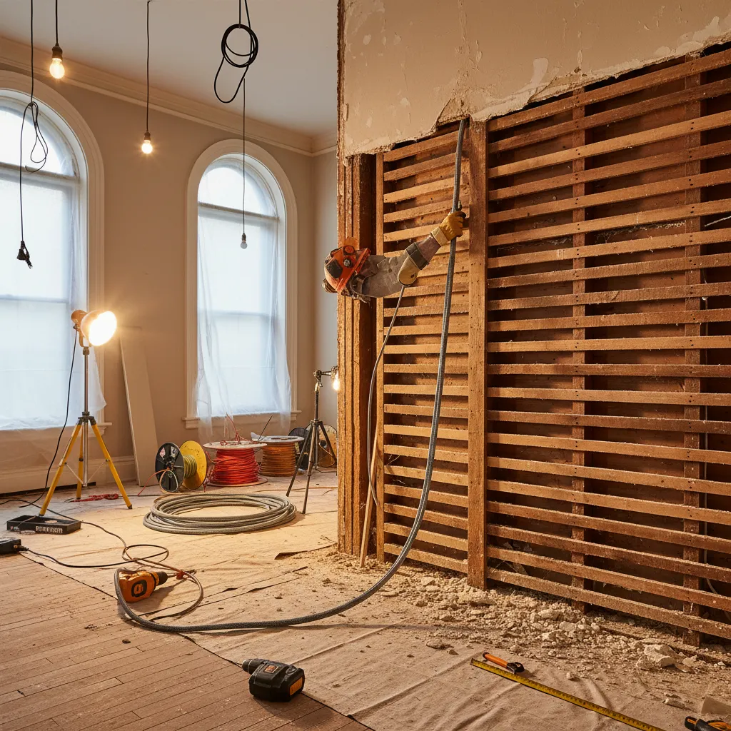 Renovation scene showing rewiring behind plaster walls in an older home