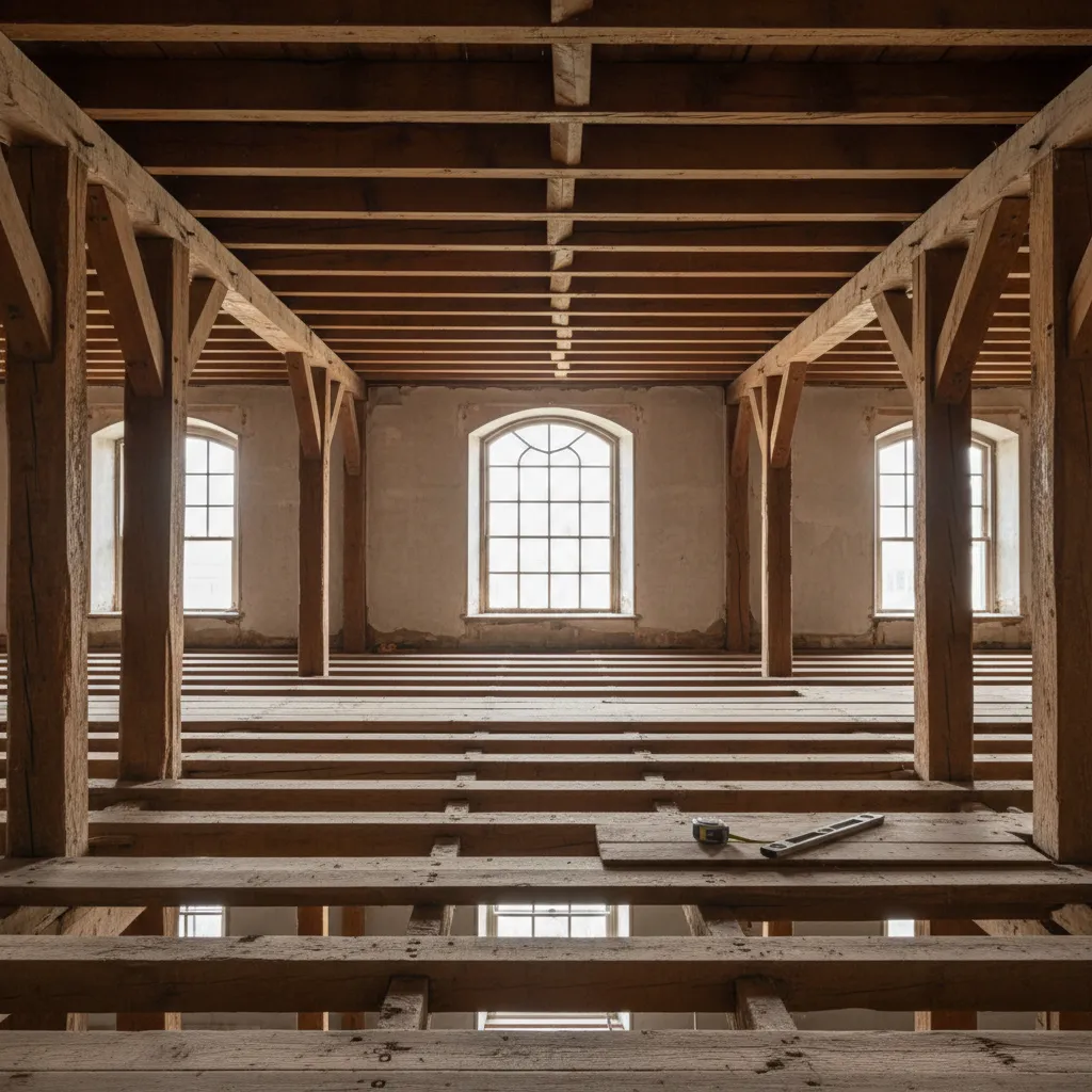exposed wooden joists of an old house second floor during structural inspection