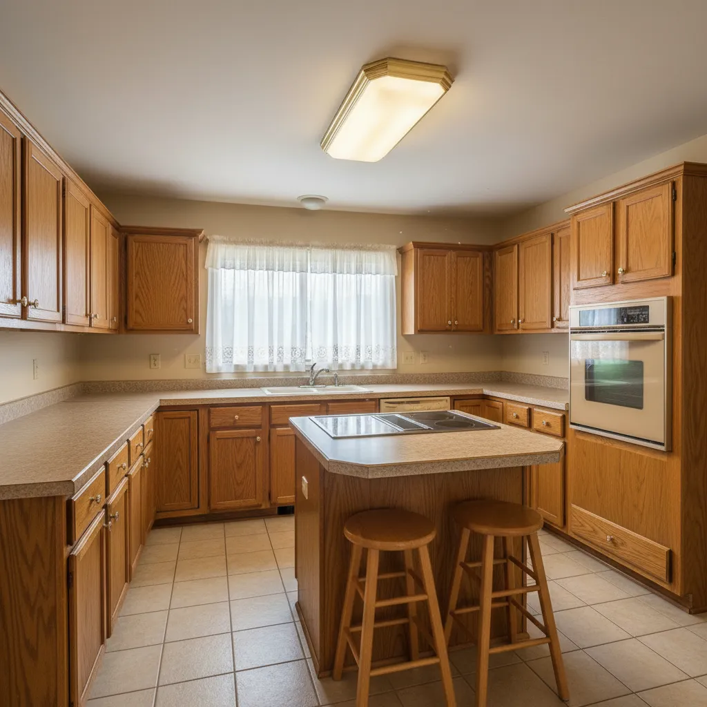 Outdated kitchen with oak cabinets and old lighting before budget renovation