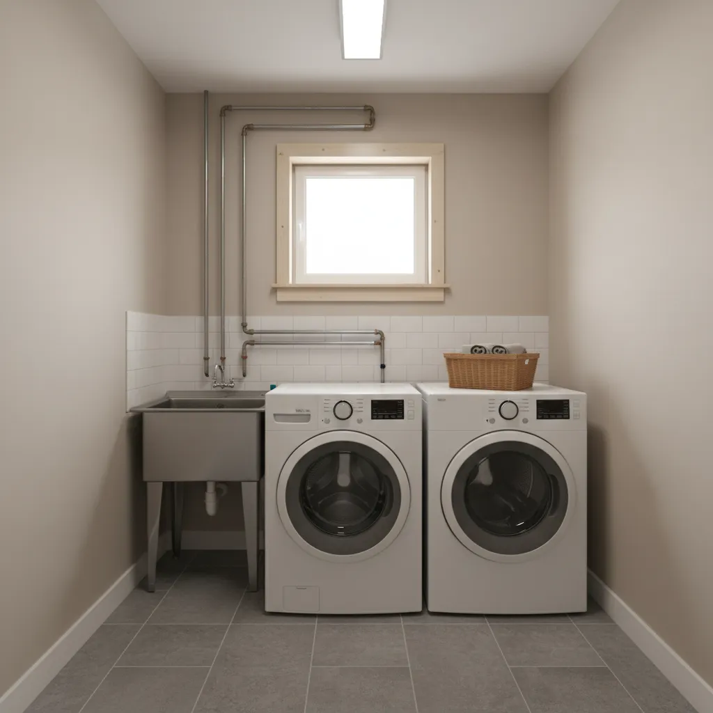 Small residential laundry room before renovation with washer dryer and exposed pipes
