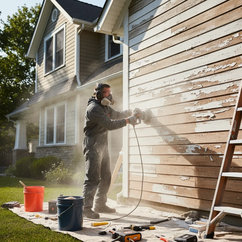 contractor sanding exterior wall to remove old peeling paint