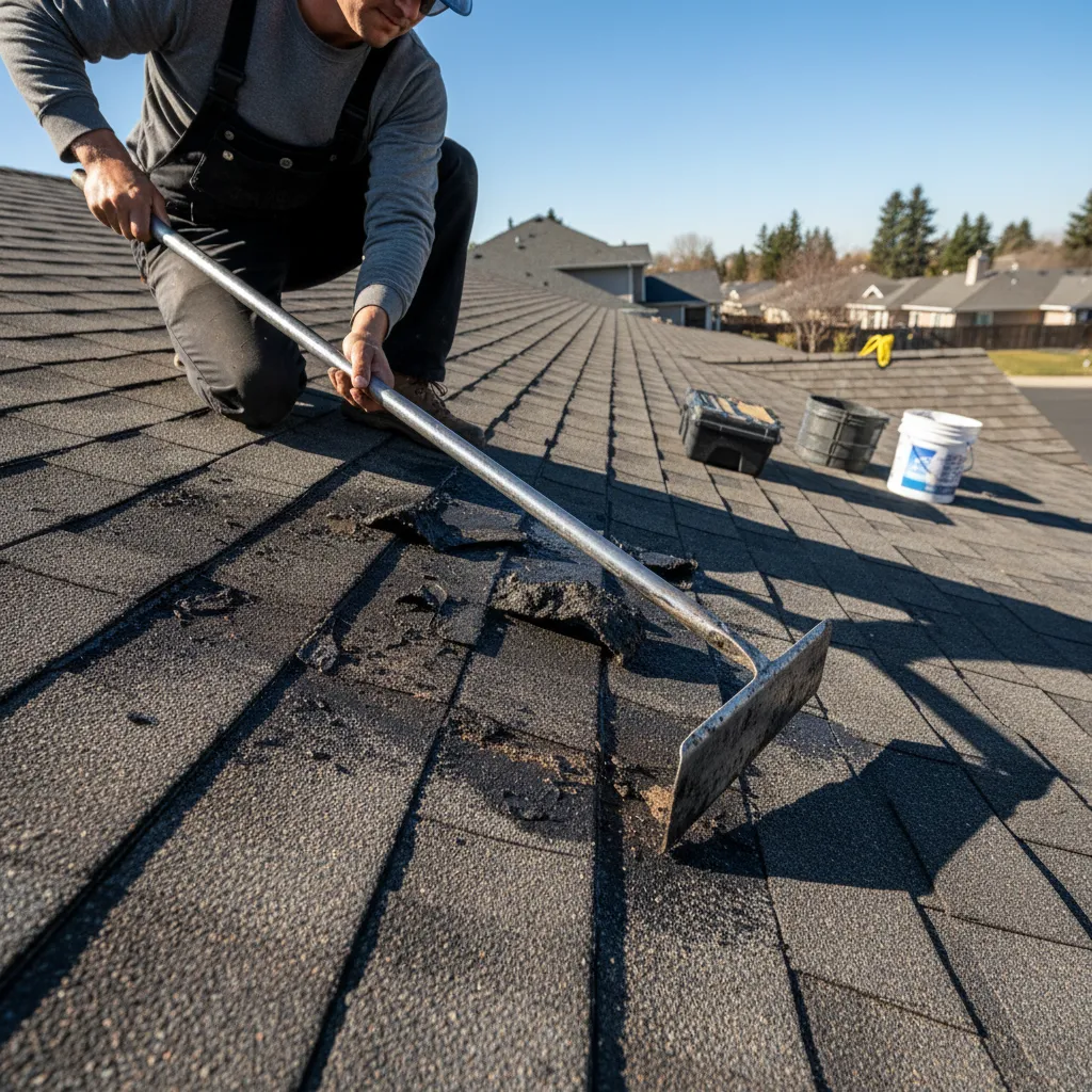 worker scraping old roofing tar from roof surface before repair