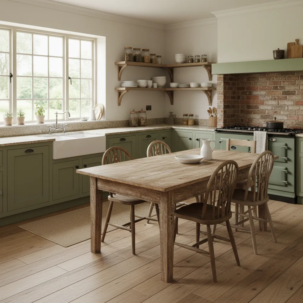 Old worn solid wood kitchen table before refinishing in a family kitchen