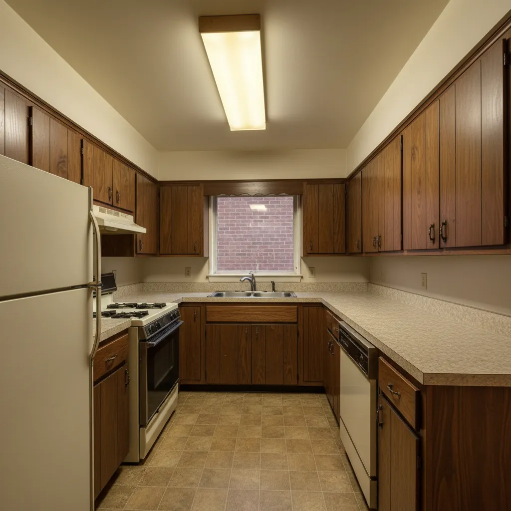 older dark u shaped kitchen layout before remodeling