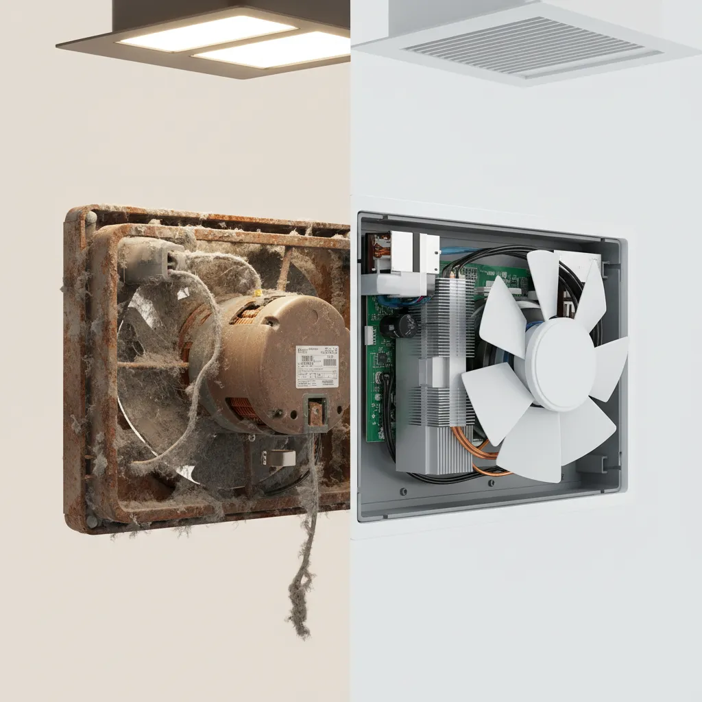 Comparison of old bathroom exhaust fan motor and modern efficient fan unit