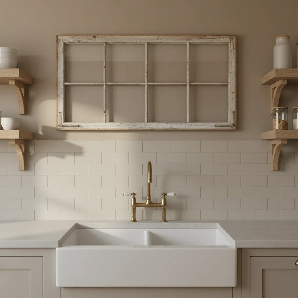 vintage window frame mounted above kitchen sink backsplash