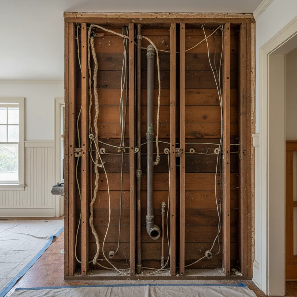 old home kitchen wall opened showing outdated wiring and plumbing